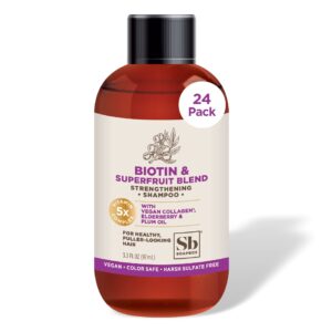 soapbox biotin shampoo, travel size biotin & collagen super fruit, bulk 24 pack travel toiletries, | volumizing & repairing shampoo to promote hair growth, strength, 24-pack, 3.3 oz each