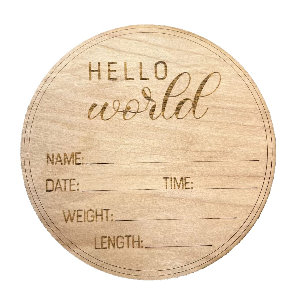 2OWLS Baby Birth Announcement Disc, Baby Birth Stat Plaque, Size 6" X 6", "Hello World" Newborn Sign. Baby Photography Prop and Keepsake. A Wooden Boho Baby Nursery.