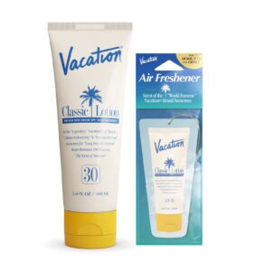 vacation classic sunscreen lotion spf 30 + air freshener bundle, water resistant broad spectrum sunscreen sun block, vegan sun tanning lotion, body lotion with spf, spf 30 sunscreen, 3.4 fl. oz.