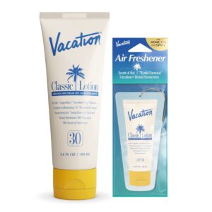 Vacation Classic Sunscreen Lotion SPF 30 + Air Freshener Bundle, Water Resistant Broad Spectrum Sunscreen Sun Block, Vegan Sun Tanning Lotion, Body Lotion with SPF, SPF 30 Sunscreen, 3.4 Fl. Oz.