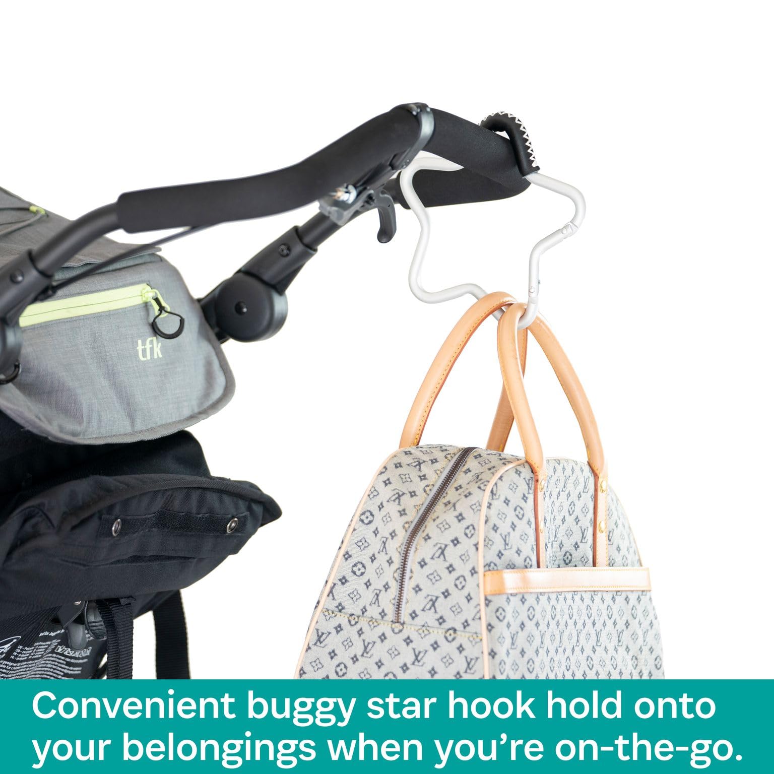 Buggy Star Hook by BUGGYGEAR Silver/Black Leather - The Perfect Way to Carry Your Baby Diaper Bag - Use The Hook on Your Stroller Handle Bars and Let The Hooks Do The Work. Buggy Gear