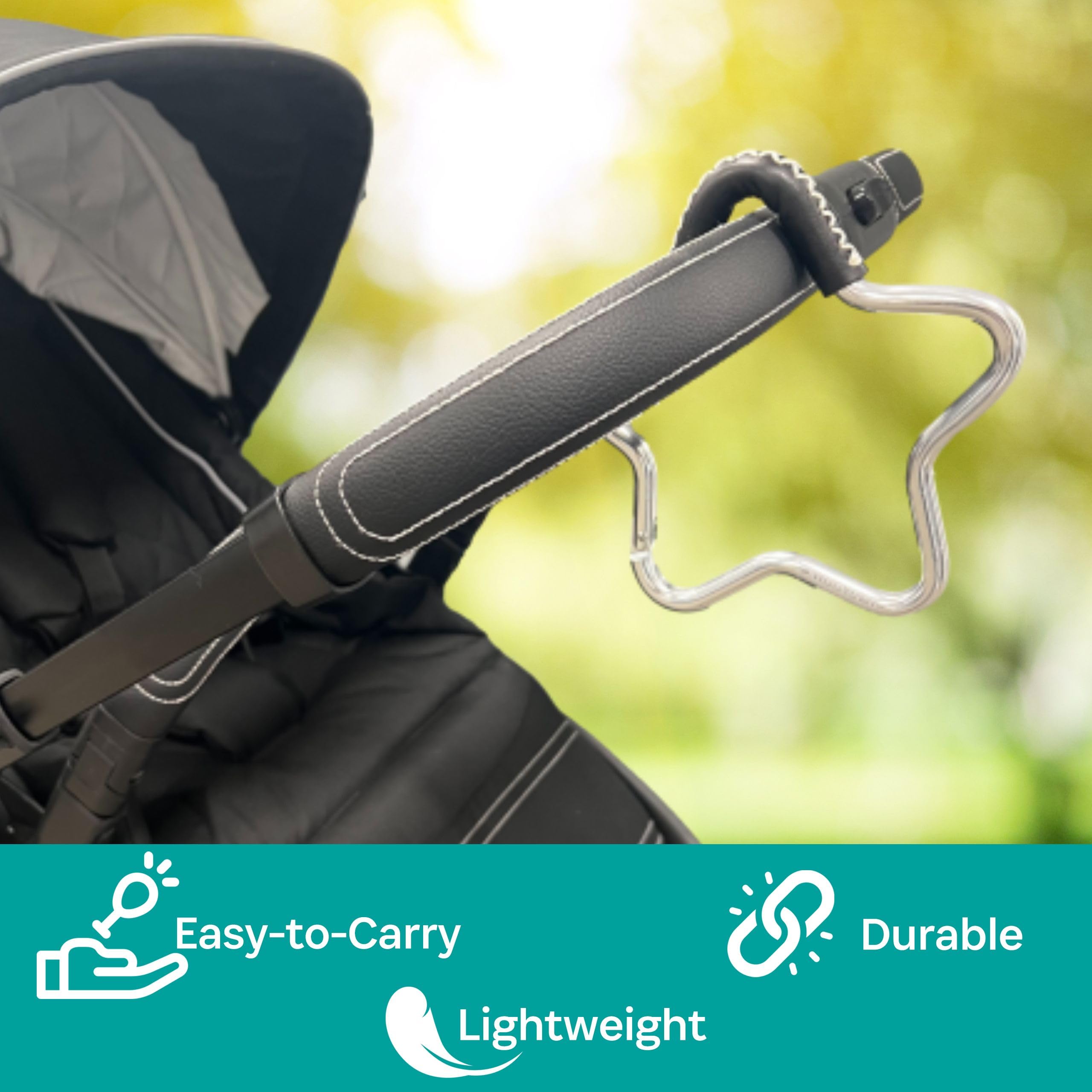 Buggy Star Hook by BUGGYGEAR Silver/Black Leather - The Perfect Way to Carry Your Baby Diaper Bag - Use The Hook on Your Stroller Handle Bars and Let The Hooks Do The Work. Buggy Gear