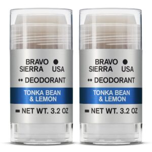 aluminum-free natural deodorant for men by bravo sierra, 2-pack - long lasting all-day odor and sweat protection - tonka bean & lemon, 3.2 oz - paraben-free, baking soda free, vegan & cruelty-free