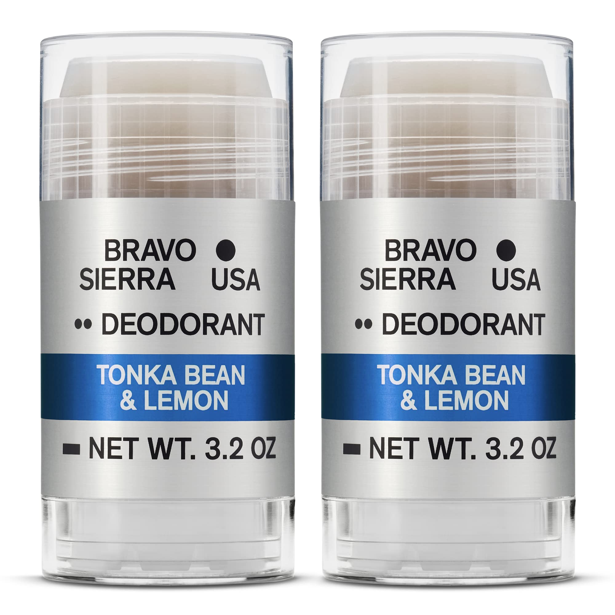 Aluminum-Free Natural Deodorant for Men by Bravo Sierra, 2-Pack - Long Lasting All-Day Odor and Sweat Protection - Tonka Bean & Lemon, 3.2 oz - Paraben-Free, Baking Soda Free, Vegan & Cruelty-Free