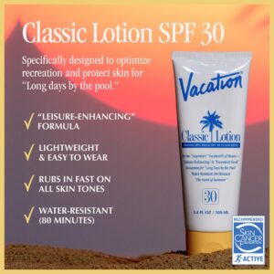 Vacation Classic Sunscreen Lotion SPF 30 + Air Freshener Bundle, Water Resistant Broad Spectrum Sunscreen Sun Block, Vegan Sun Tanning Lotion, Body Lotion with SPF, SPF 30 Sunscreen, 3.4 Fl. Oz.