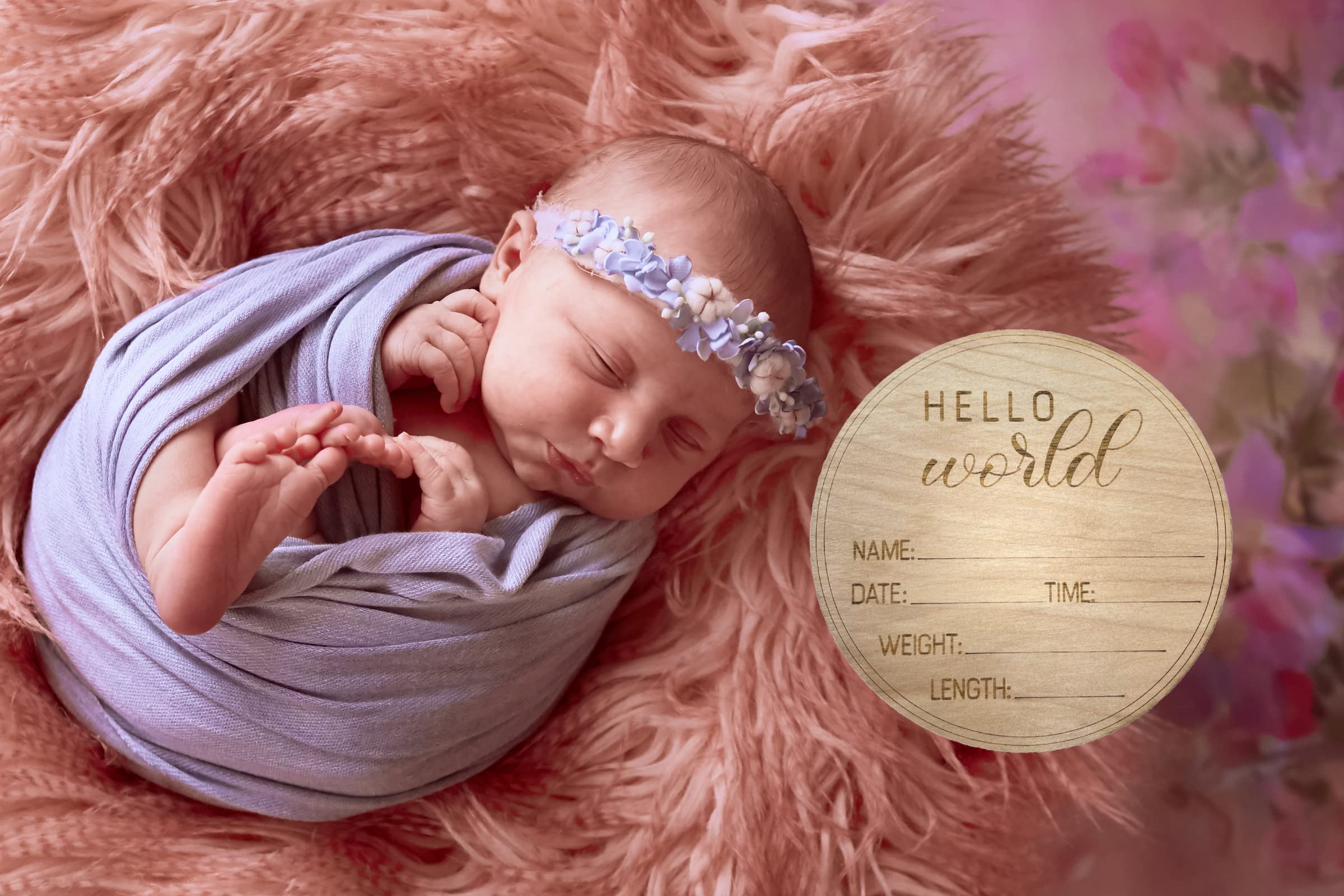 2OWLS Baby Birth Announcement Disc, Baby Birth Stat Plaque, Size 6" X 6", "Hello World" Newborn Sign. Baby Photography Prop and Keepsake. A Wooden Boho Baby Nursery.