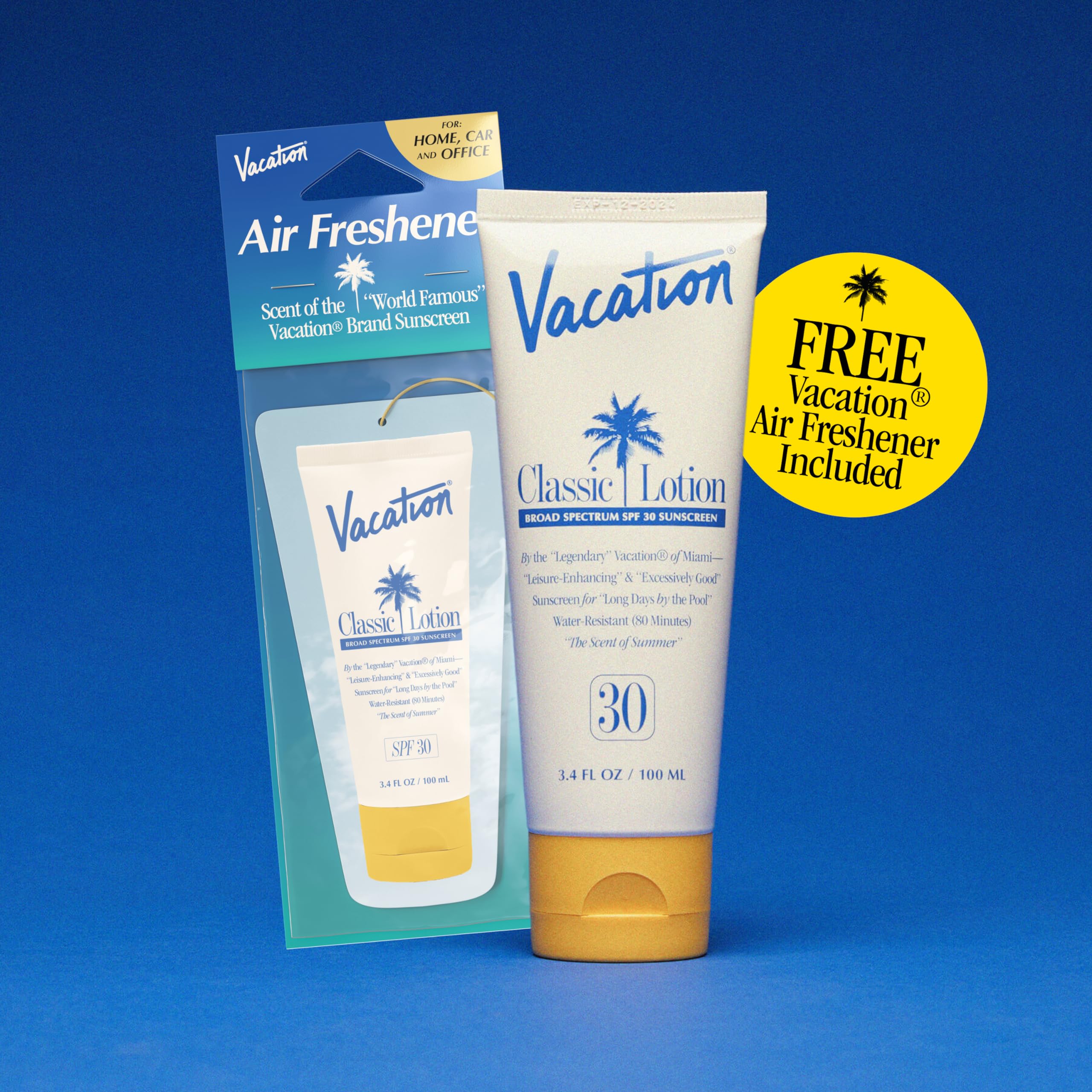 Vacation Classic Sunscreen Lotion SPF 30 + Air Freshener Bundle, Water Resistant Broad Spectrum Sunscreen Sun Block, Vegan Sun Tanning Lotion, Body Lotion with SPF, SPF 30 Sunscreen, 3.4 Fl. Oz.