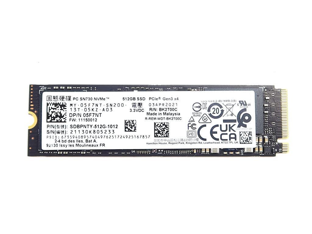 Solid State Drive 5F7NT 05F7NT MY-05F7NT Compatible Replacement Spare Part for Dell Western Digital SN730 SDBPNTY-512G 512GB PCI Express 3.0 x4 TLC NVMe M.2 2280 Internal SSD