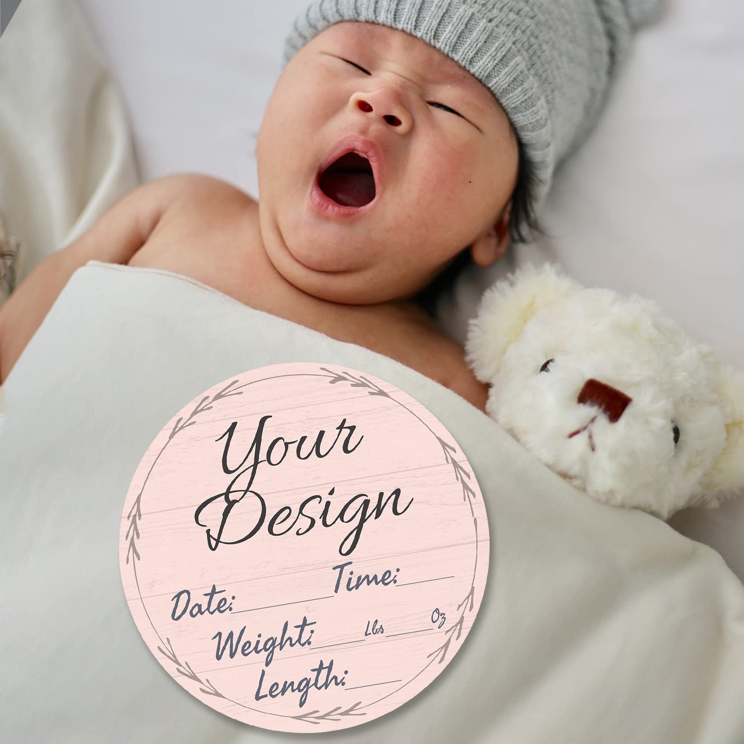 Baby Newborn Announcement Sign Personalized Custom Name Gender Reveal Girl Boy Neutral Nursery Wall Decor Gifts Hello World Hospital Photography (Farmhouse Pink)