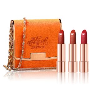 3 colors matte lipstick set lip stick with orange chain bag package velvet lip stick set waterproof non-stick cup long lasting retractable red lipstick set 3.5gx3 pcs