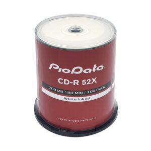 piodata cd-r 52x 700mb moisture resistant white inkjet printable cd-r blank discs – 100 disc cake box spindle, printable cdr discs for music, data