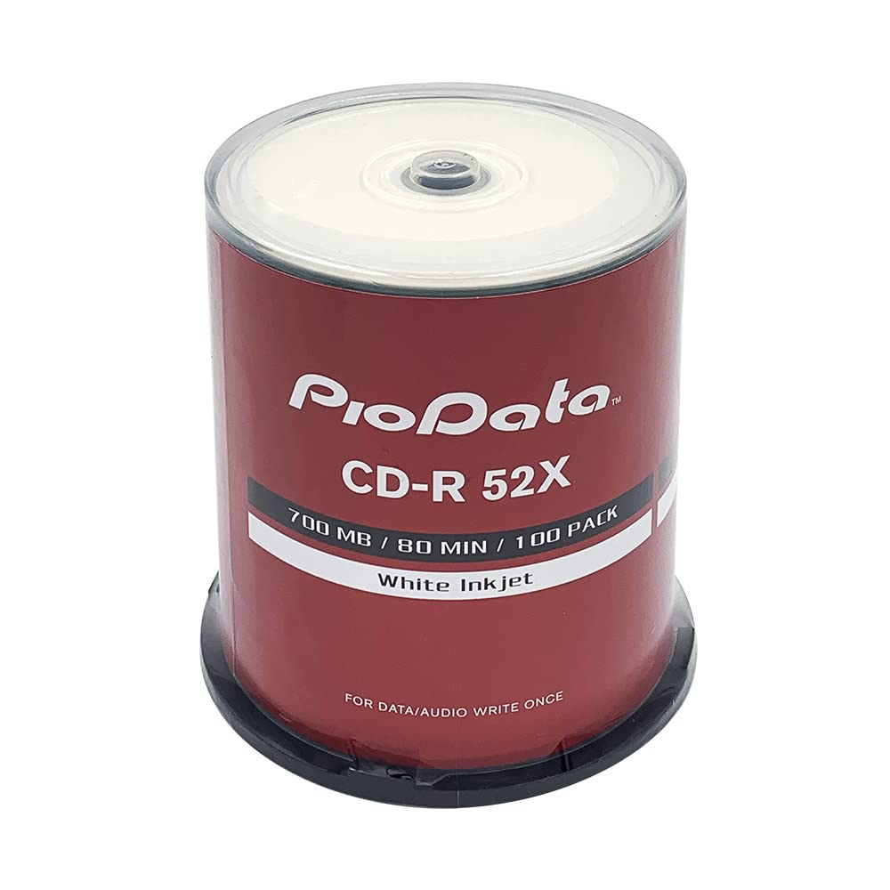 PioData CD-R 52X 700MB Moisture Resistant White Inkjet Printable CD-R Blank Discs – 100 Disc Cake Box Spindle, Printable CDR Discs for Music, Data