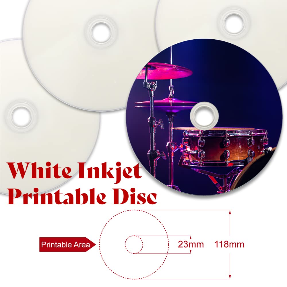 PioData CD-R 52X 700MB Moisture Resistant White Inkjet Printable CD-R Blank Discs – 100 Disc Cake Box Spindle, Printable CDR Discs for Music, Data