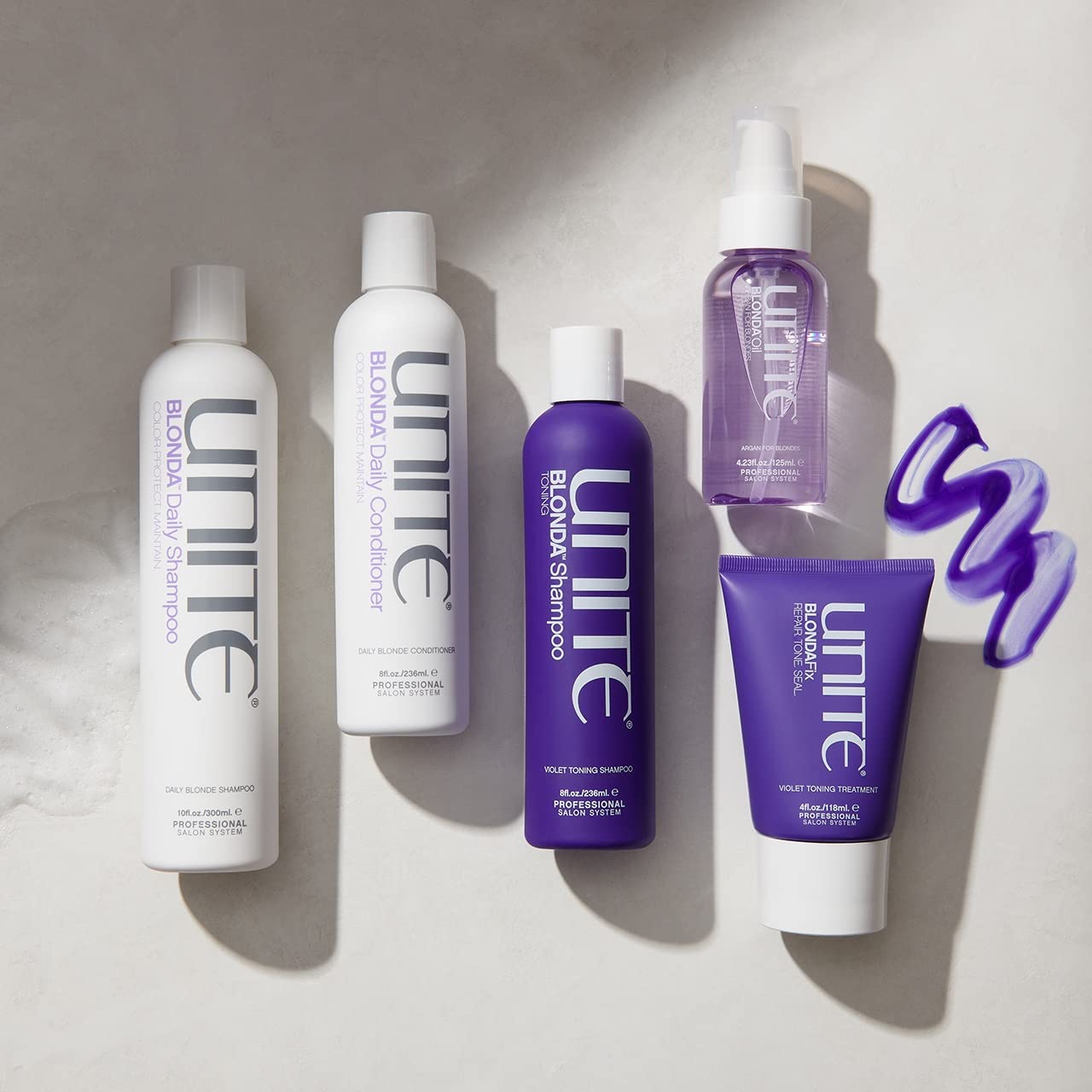 UNITE Hair Shiny BLONDA Trio - BLONDA Purple Shampoo, 8 Fl Oz with BLONDA Daily Purple Conditioner, 8 fl. Oz and BLONDA Oil - Argan for Blondes, 4.23 fl. Oz (3 items)