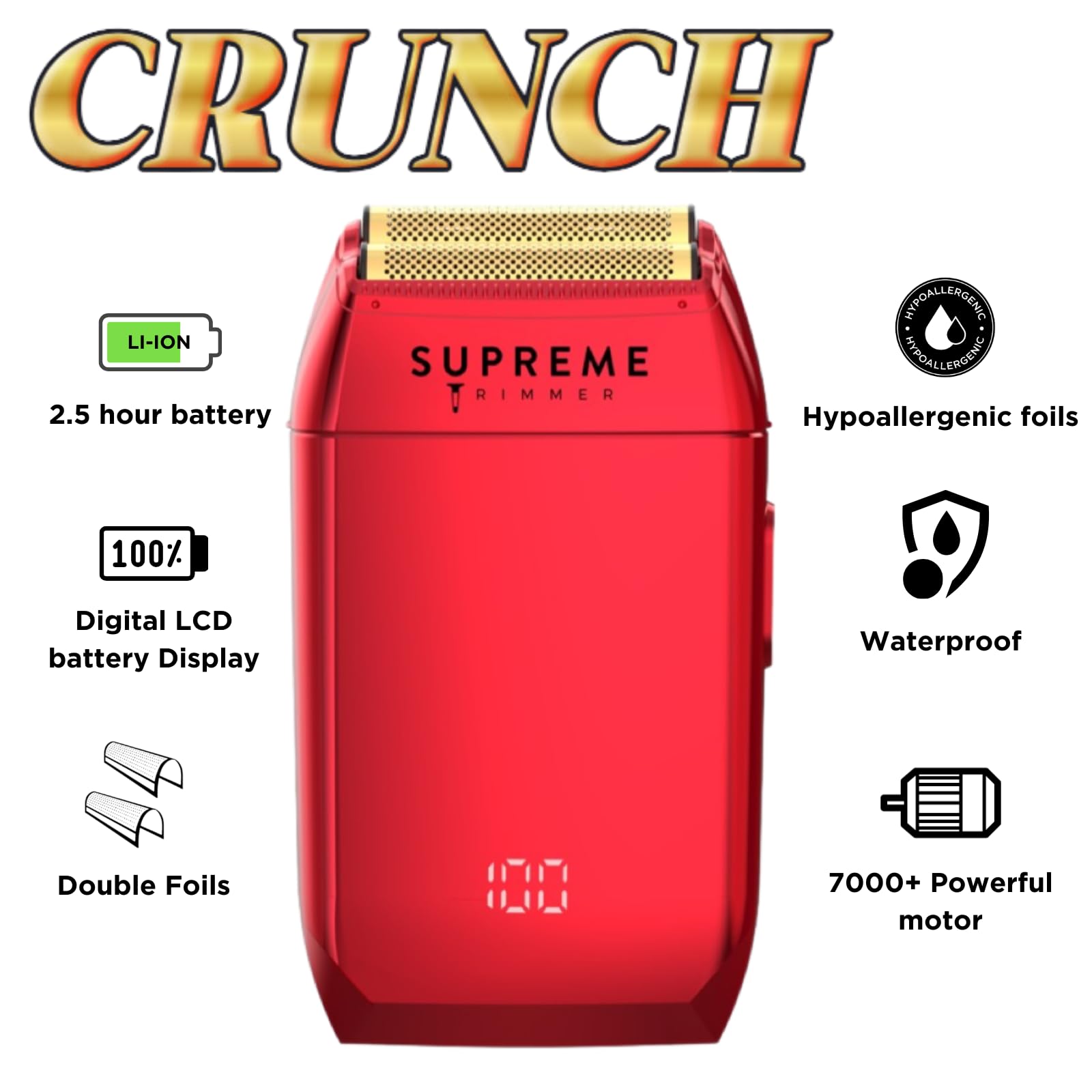 Supreme Trimmer Crunch Mens Foil Shaver STF602 (150 Minute Run Time) Men's Electric Razor | Waterproof Shaver for Short Hair or Stubble, Barber Use | Red