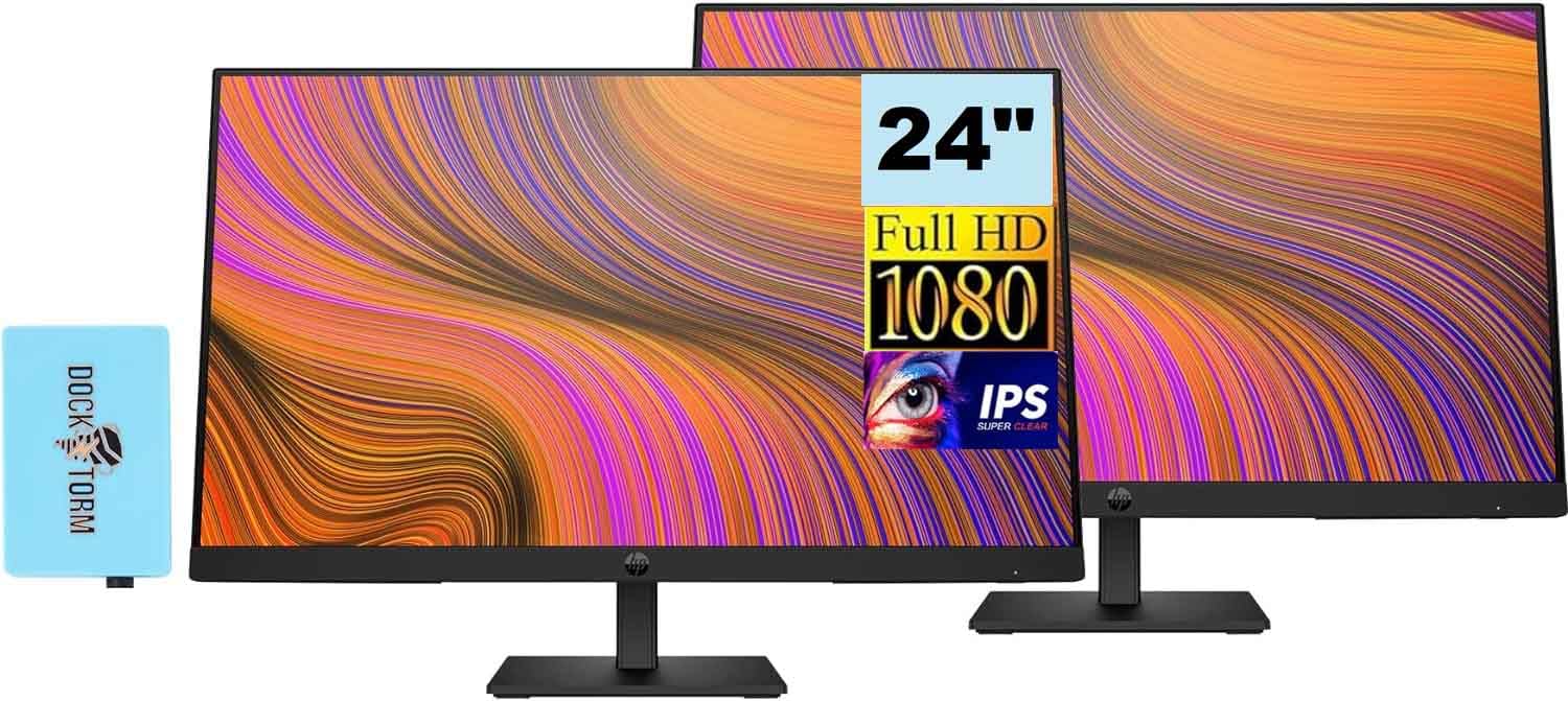 HP 24 inch 1080P Computer Monitor Bundle With Docztorm Dock, 24" Full HD (1920x1080) 75Hz Anti-Glare IPS Display with Built-In Speakers, HDMI, VGA, Displayport, Ideal for Home and Business - Pack of 2