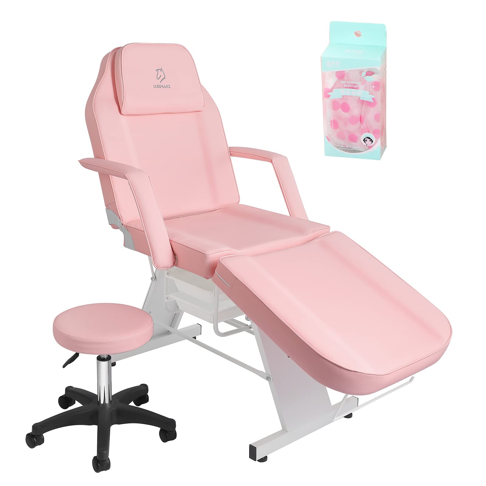 LUXMARS Facial Chair, Tattoo Chair Massage Bed with Hydraulic Stool for Professional Massage Facial Lash Beauty Treatment Spa, Pink