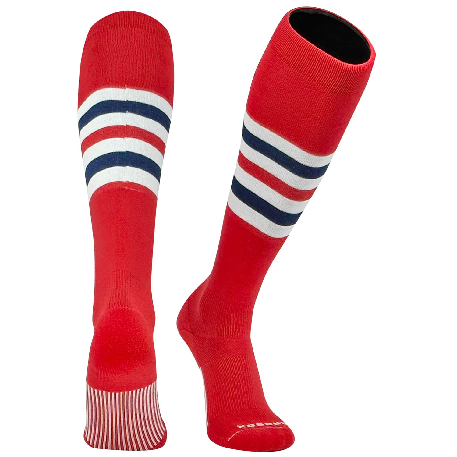 PEAR SOX Striped OTC Baseball, Softball, Football Socks - Red, White, Navy (F) (M)