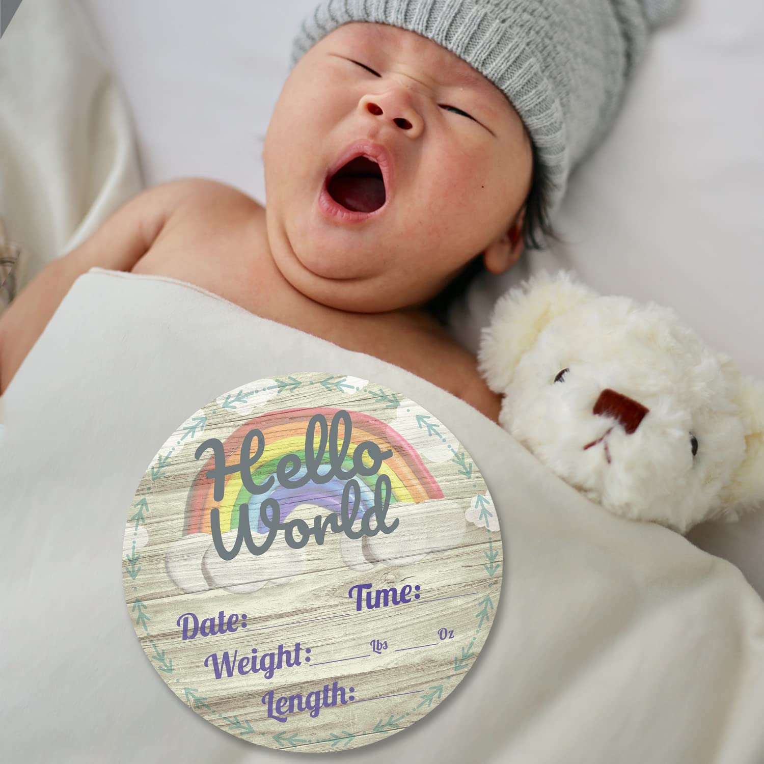 Hello World Newborn Baby Announcement Sign Shower Gift Birth Stats Hospital Photo Props Gender Reveal Girl Boy Neutral Nursery Wall Decor Gifts Baby Book Keepsake Each Sign Measures 6x6x.125 (Rainbow)