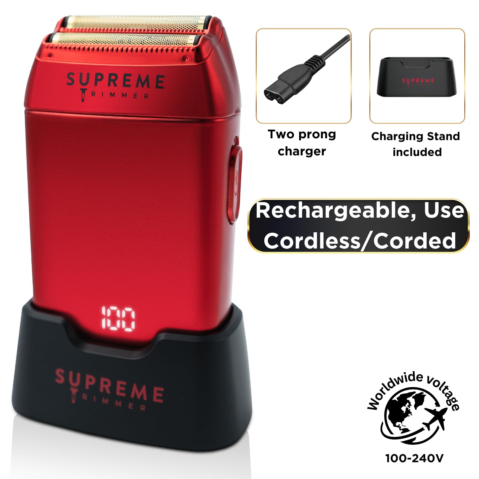 Supreme Trimmer Crunch Mens Foil Shaver STF602 (150 Minute Run Time) Men's Electric Razor | Waterproof Shaver for Short Hair or Stubble, Barber Use | Red