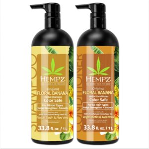 hempz hair shampoo & conditioner set - original floral & banana scent for dry, damaged, color treated hair - hydrating, softening, moisturizing vegan biotin for all hair types duo set - 33.8 fl oz