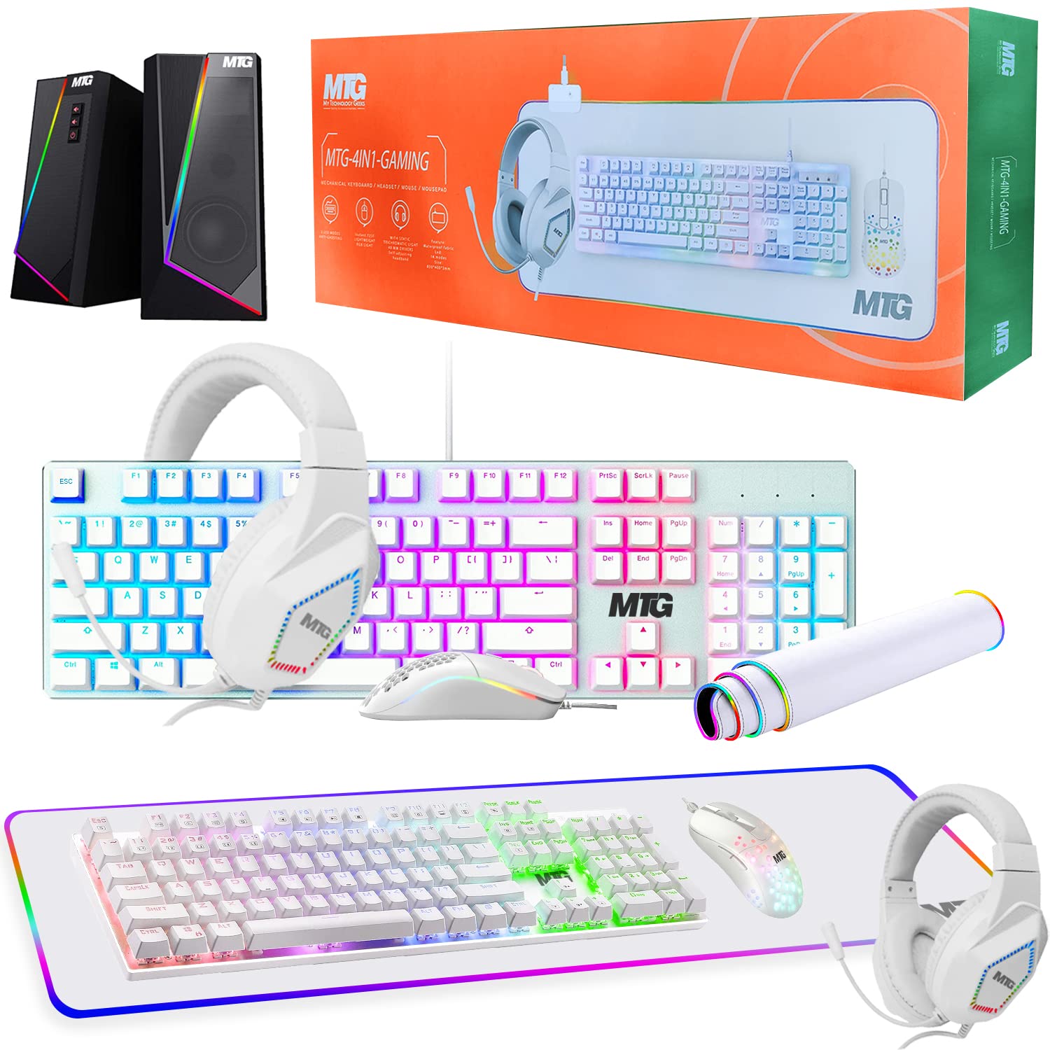 Gaming Kit for PC, RGB Keyboard and Mouse, Gaming Headphone, Large LED Desk Mat with Smooth Surface, RGB Speaker for Desktop Computer, Xbox and PS4 Gamers - MTG 4 in 1 Combo