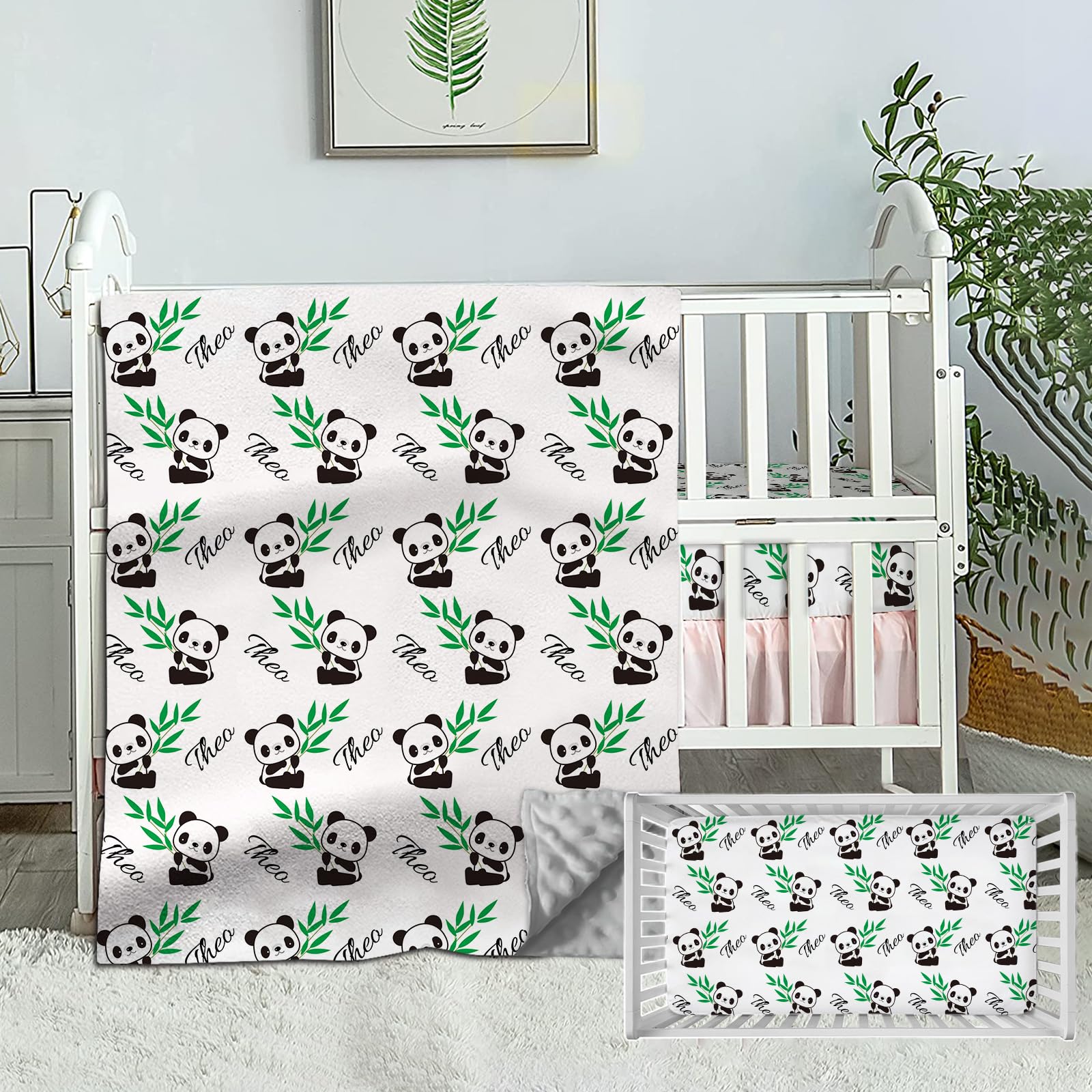 Personalized Crib Bedding Set for Baby Boys, Custom Baby Girl Crib Bedding Set with Name, Cute Panda Nursery Bedding, 2 Piece Baby Crib Bedding Sets, Name Crib Comforter, Crib Fitted Sheets for Baby