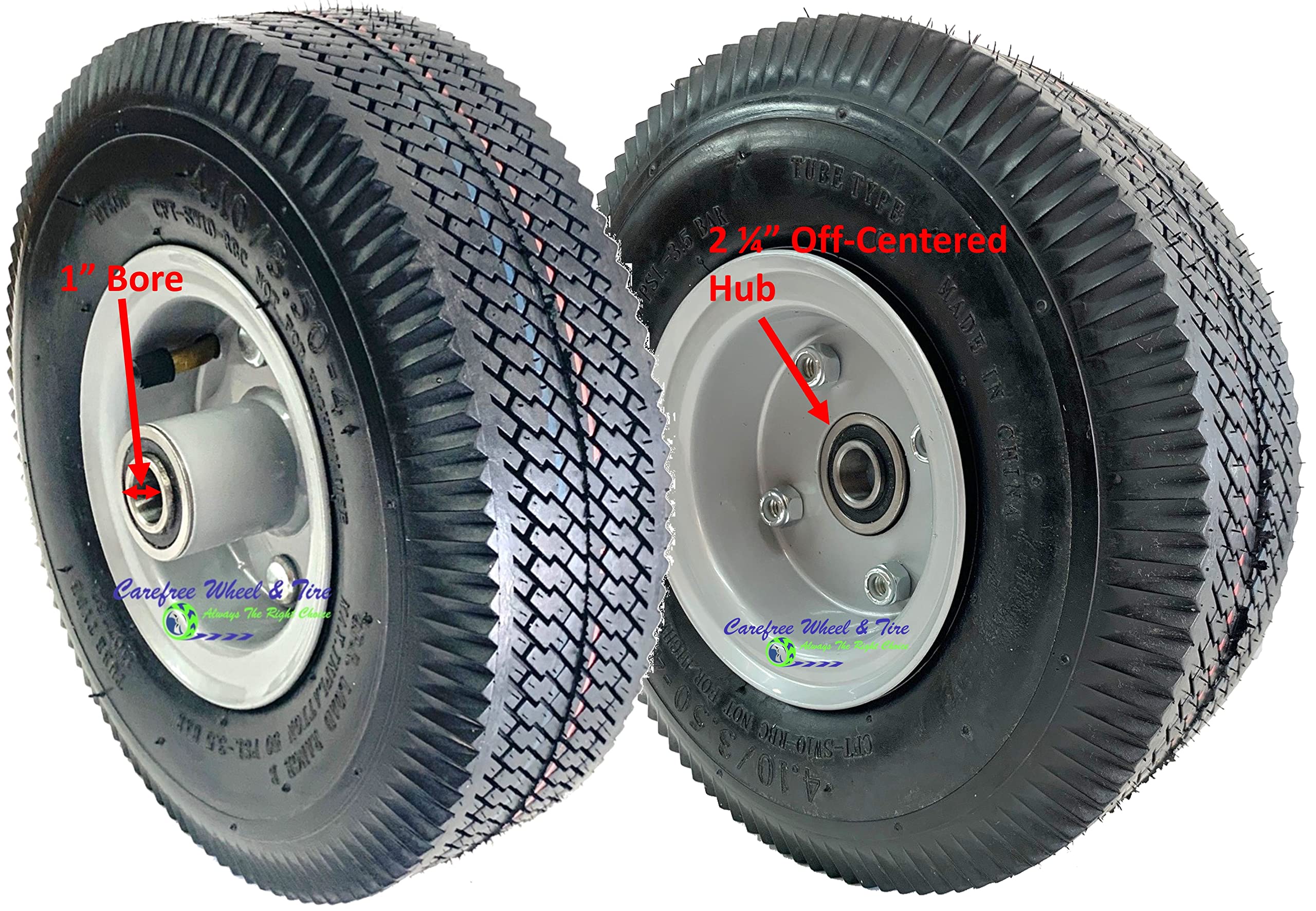 410/350-4 (10" x 3") Pneumatic Tire & Tube Assembly (2 1/4" Off -Centered Hub & 1" Metal Bushing)