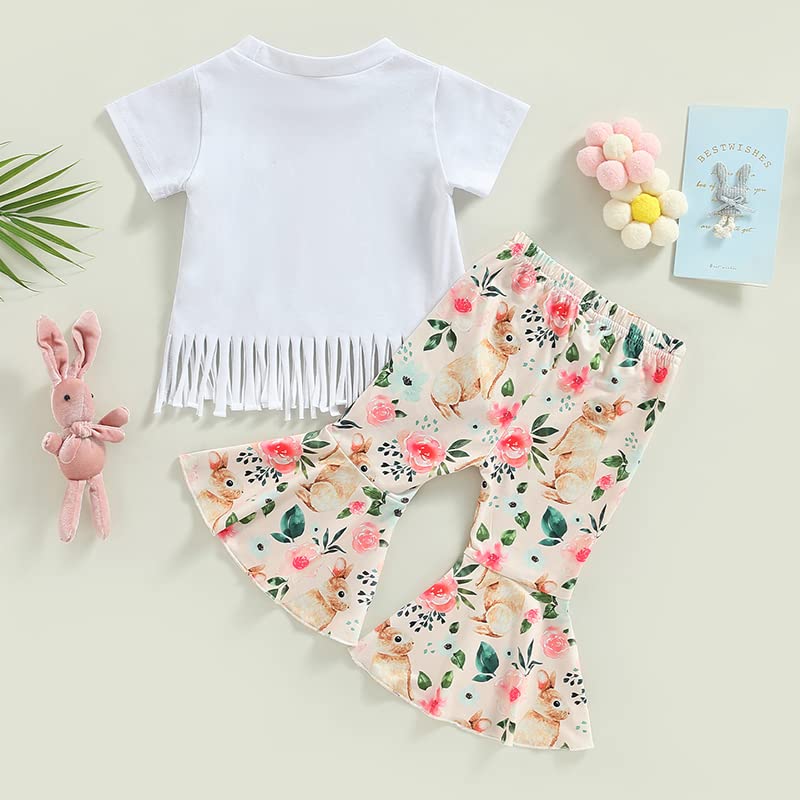 Toddler Baby Girl Easter Outfit Bunny Rabbit Short Sleeve T-Shirt Tops Bell-Bottom Flared Pants Sets Clothes (Bunny Tassels Pant Set,18-24 Months)