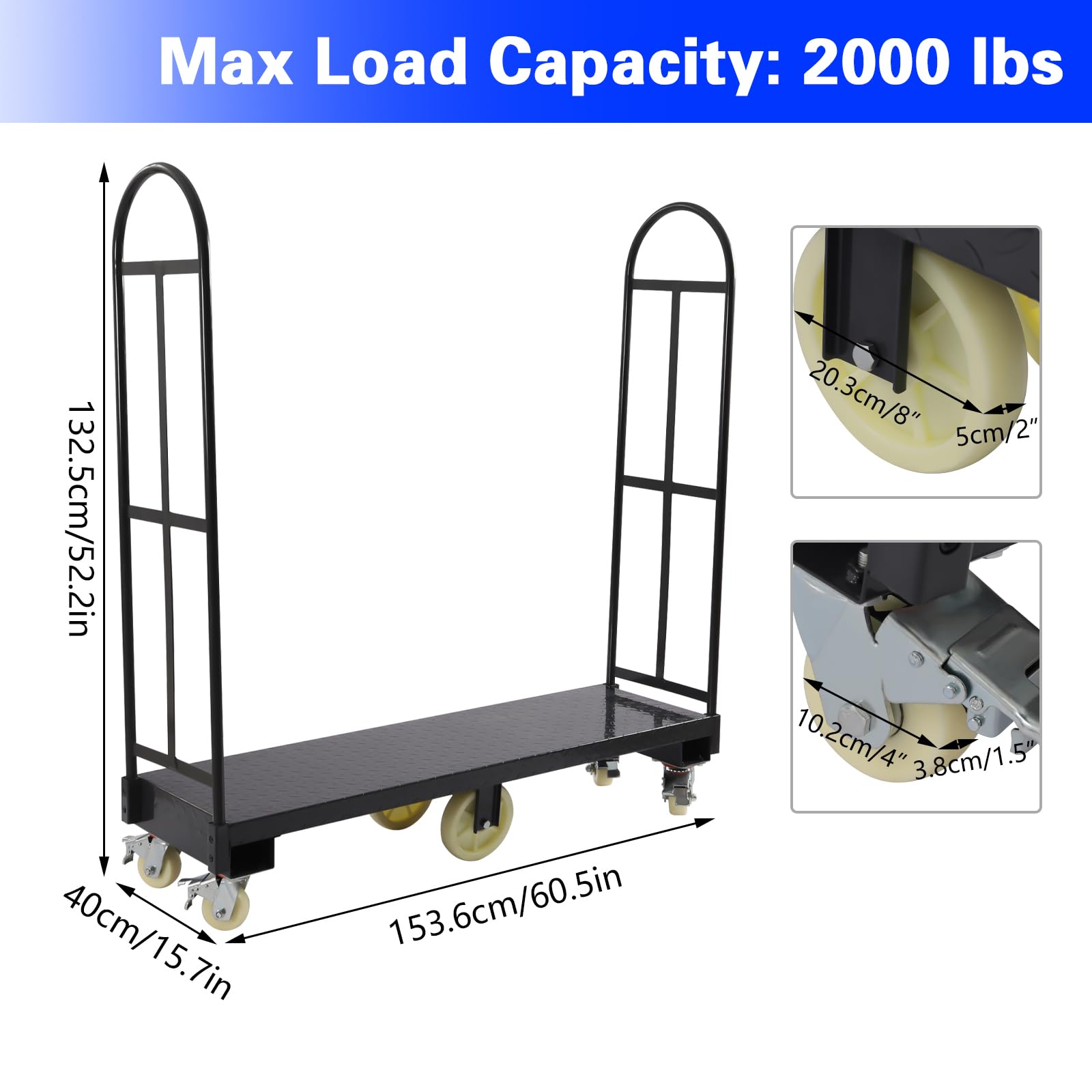 U-Boat Steel Cart, 60 L x 52 H 2000lbs Capacity Heavy Duty Utility U-Boat Cart with Six Wheels, Premium Hand Truck Platform Dolly (60" x 52" (L X H))