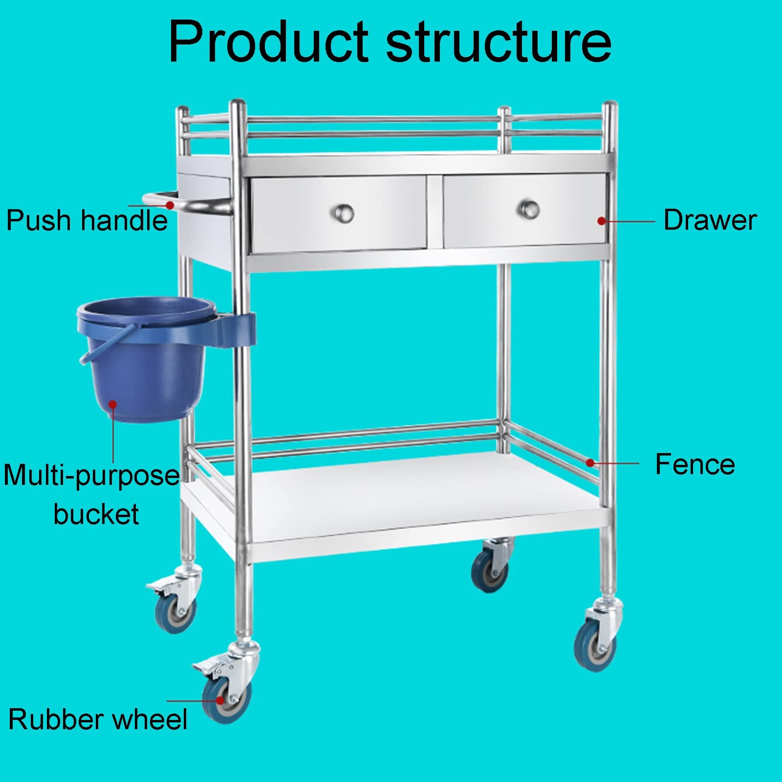 Medical Cart, 2-Tier Shelf Trolley/Storage Rolling Cart, With 1 Handles, Metal Chrome, Medical Trolley 2 Tier Heavy Duty Medical Utility Cart, for Hospital Dental Clinic Home ( Size : 80x48cm(31.5x18.