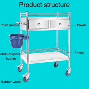 XZOTA Medical Cart, Lab Cart 3 Layers Double Drawers Medical Cart with Wheels 1 Refuse Basin Stainless Steel Cart, 3-Shelf 330 LBS Max Load Rolling Utility Cart, Silver (Size : 80x48cm(31.5x18.9in).)