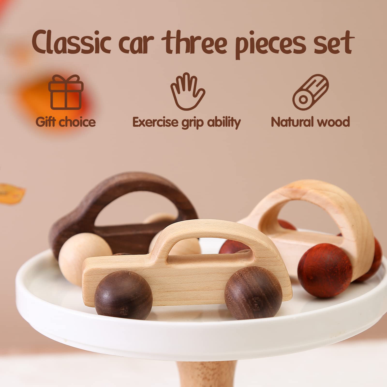 Wooden Rattle Toy Car Set 3PCS Baby Toy Skill Development Educational Toy Environmental Protection Toy Car - Walnut, Maple, Mahogany