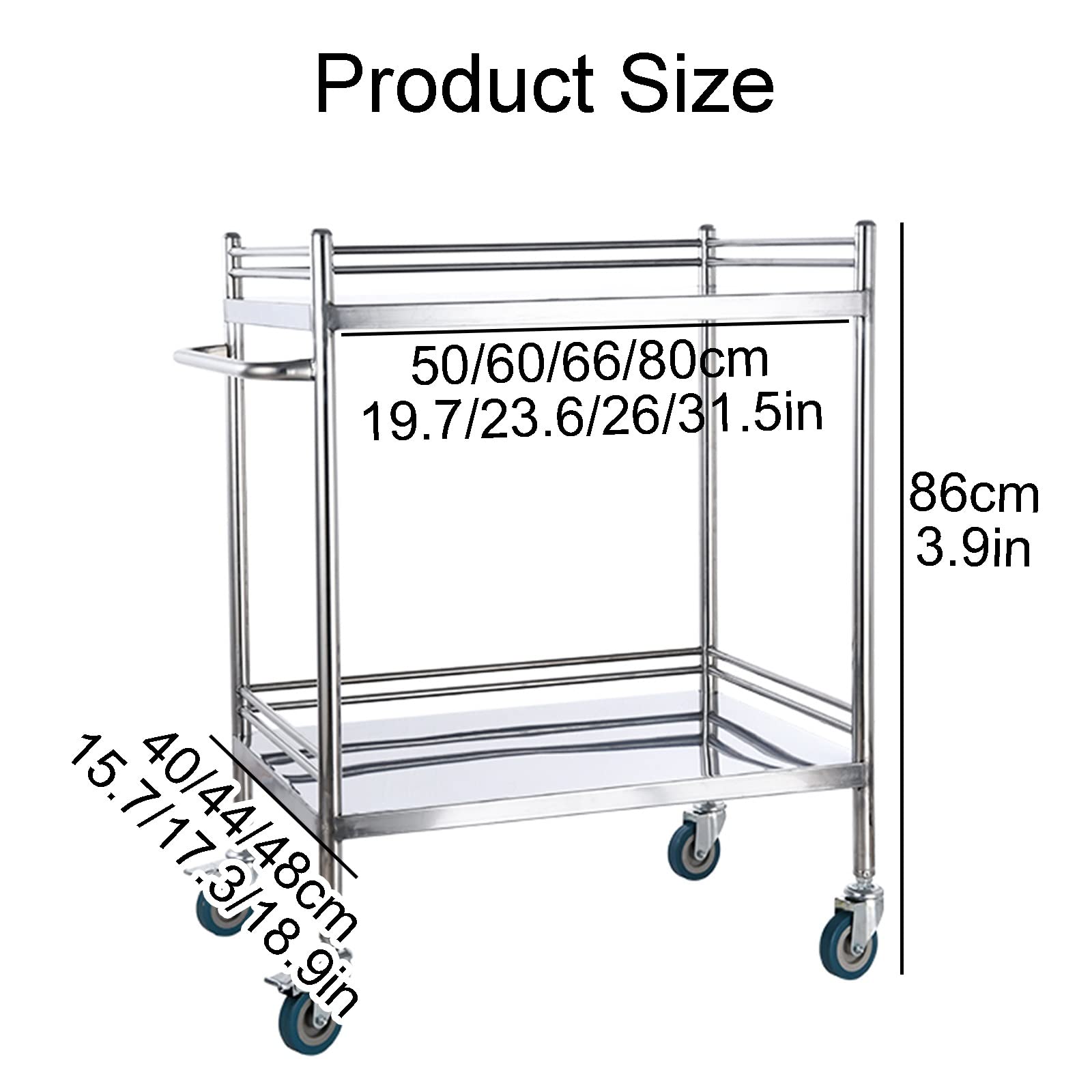 Medical Cart, 2-Tier Shelf Trolley/Storage Rolling Cart, With 1 Handles, Metal Chrome, Medical Trolley 2 Tier Heavy Duty Medical Utility Cart, for Hospital Dental Clinic Home ( Size : 80x48cm(31.5x18.