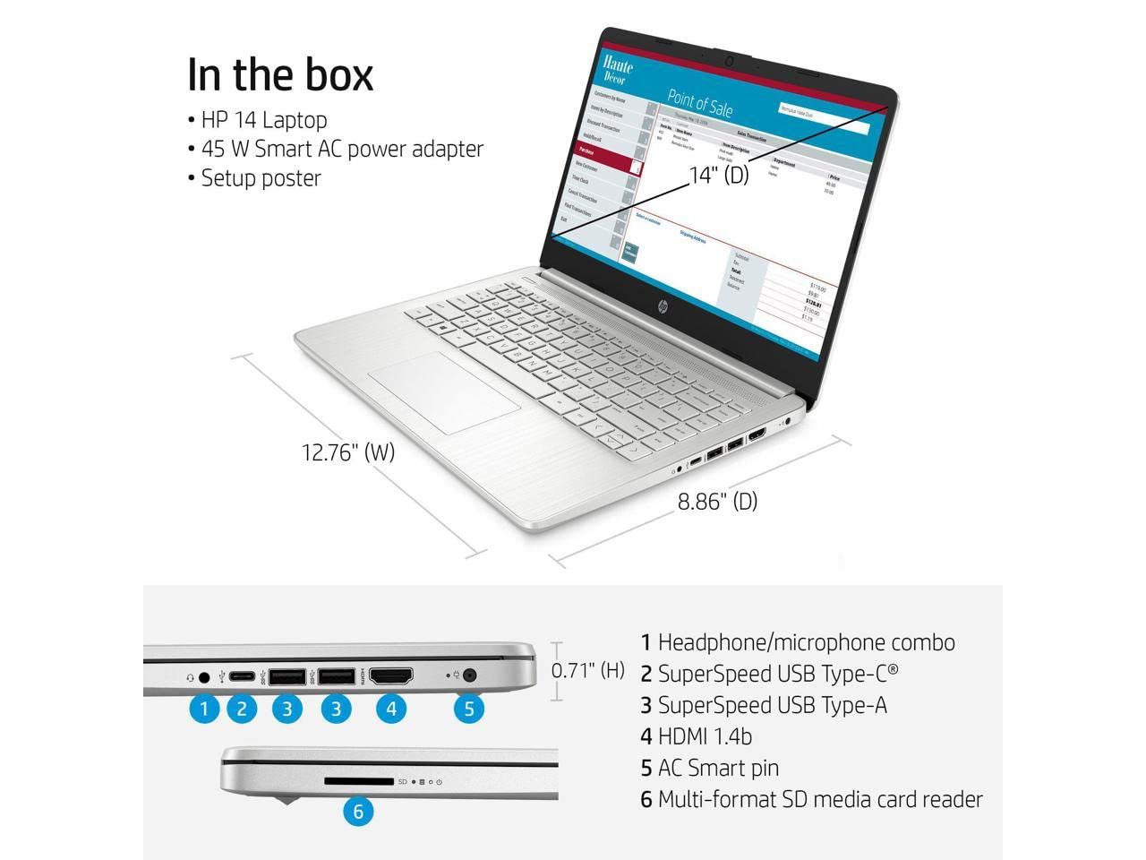 HP 2023 Newest 14 Laptop, 14 Inch Display, Intel Core i5 1135G7 Processor, 32GB RAM, 1TB SSD, Intel Iris Xe Graphics, Bluetooth, Webcam, HDMI, Windows 11 Home, Natural Silver