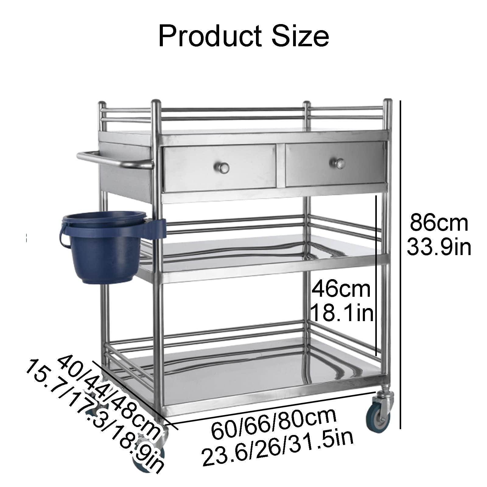 XZOTA Medical Cart, Lab Cart 3 Layers Double Drawers Medical Cart with Wheels 1 Refuse Basin Stainless Steel Cart, 3-Shelf 330 LBS Max Load Rolling Utility Cart, Silver (Size : 80x48cm(31.5x18.9in).)