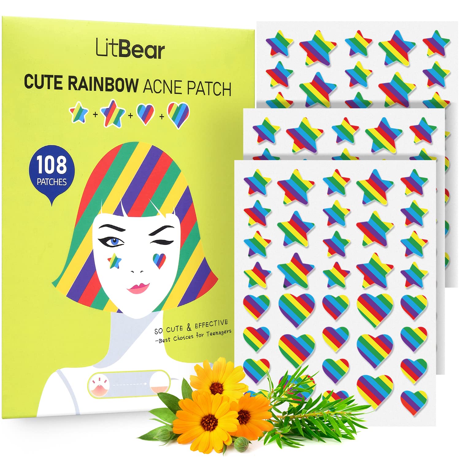 LitBear Acne Patch Pimple Patch, Rainbow Star & Heart Shaped Acne Absorbing Cover Patch, Hydrocolloid Acne Patches For Face Zit Patch Acne Dots, Tea Tree Oil + Centella, 108 Patches, 14mm & 10mm