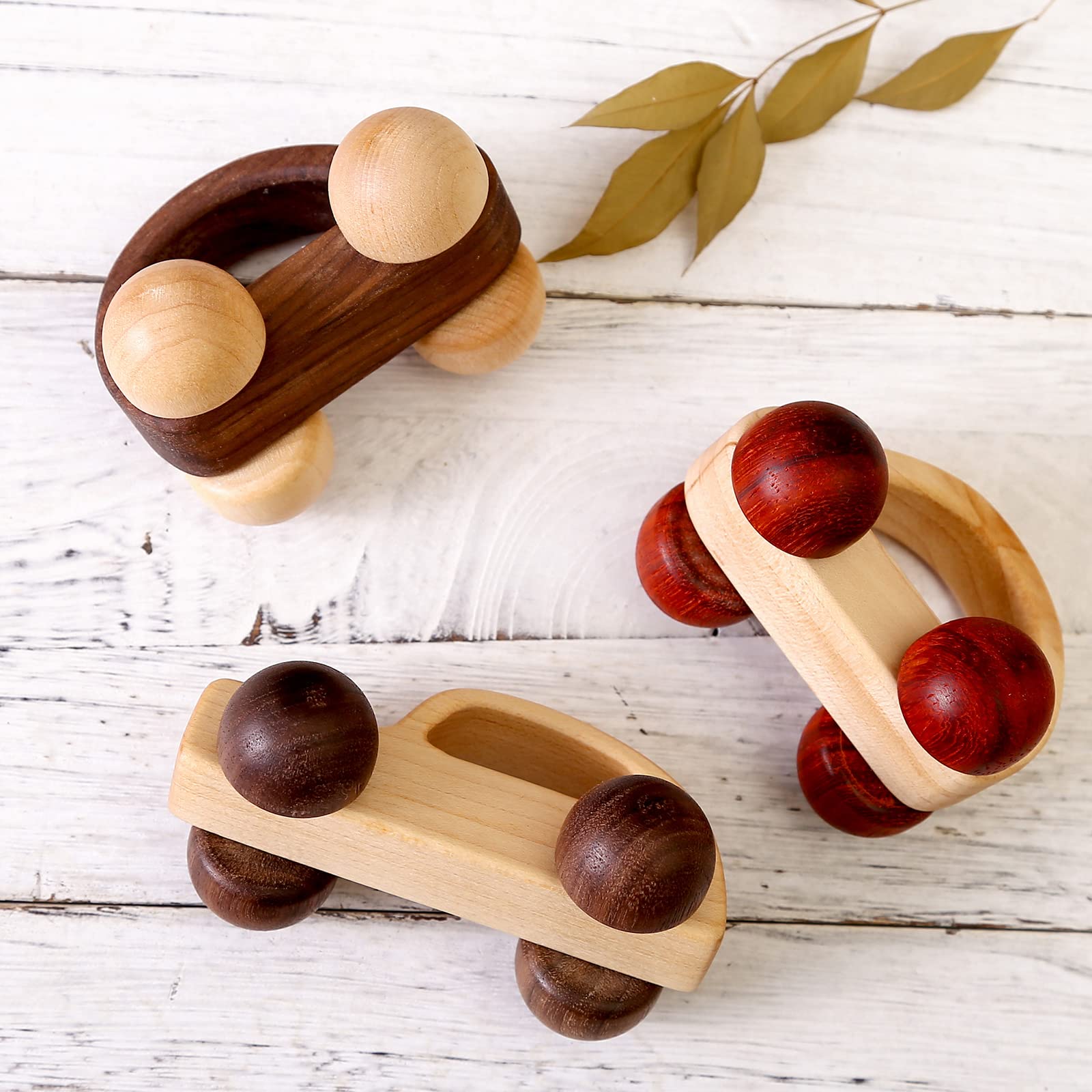 Wooden Rattle Toy Car Set 3PCS Baby Toy Skill Development Educational Toy Environmental Protection Toy Car - Walnut, Maple, Mahogany