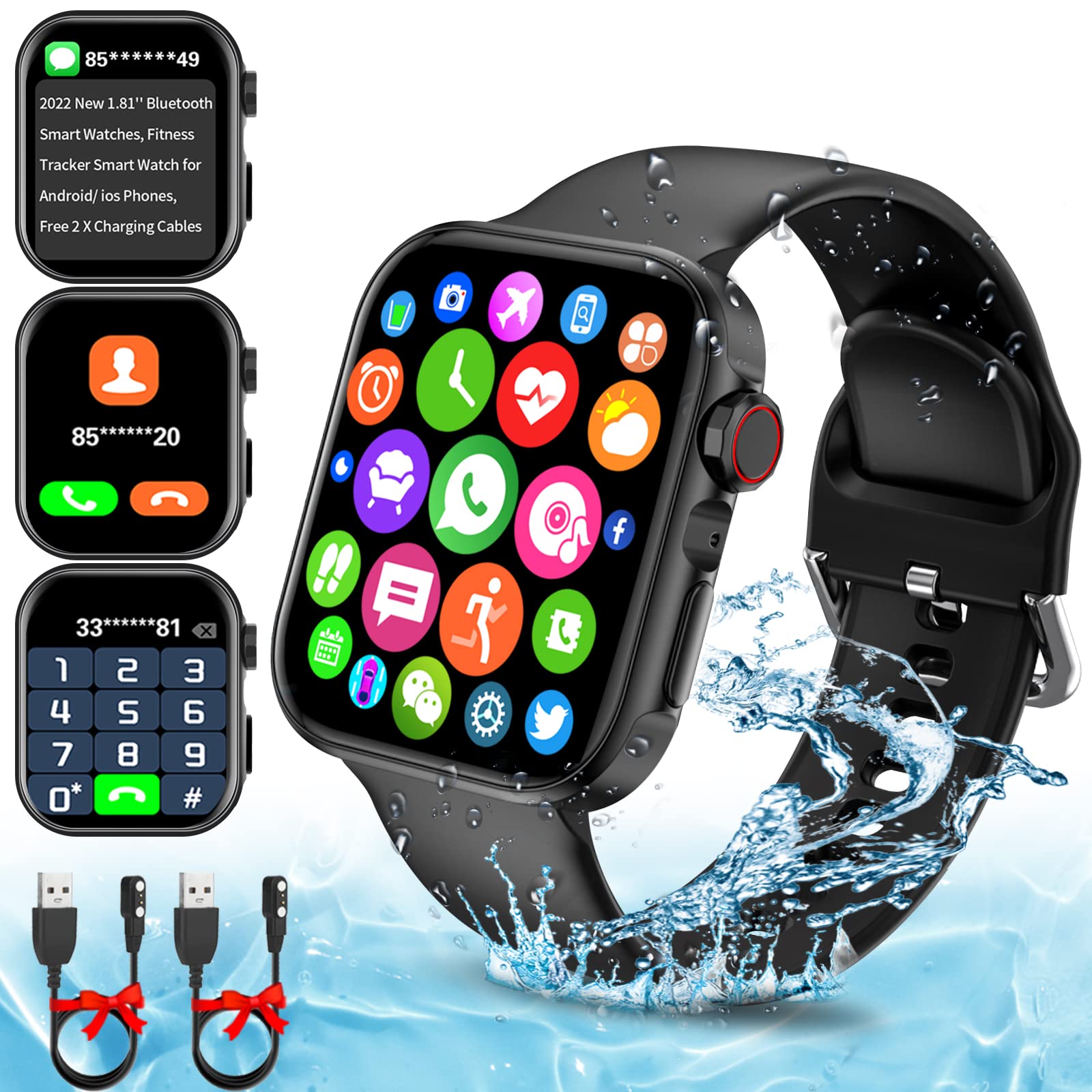 Smart Watch for Men Women, Newest 1.81" Large Screen Smartwatch Bluetooth with Answer/Make Call/Text, Waterproof Smart Watch for Android iOS Phones with Fitness Activity Tracker and Pedometer Etc