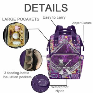 Custom Name Diaper Bag for Mother's Day Birthday Gift, Personalized Purple Marbling Fantasy Background Waterproof Nylon Travel Backpack with Large Capacity Mommy Nursing Daypack Gift for Women