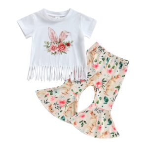 toddler baby girl easter outfit bunny rabbit short sleeve t-shirt tops bell-bottom flared pants sets clothes (bunny tassels pant set,18-24 months)