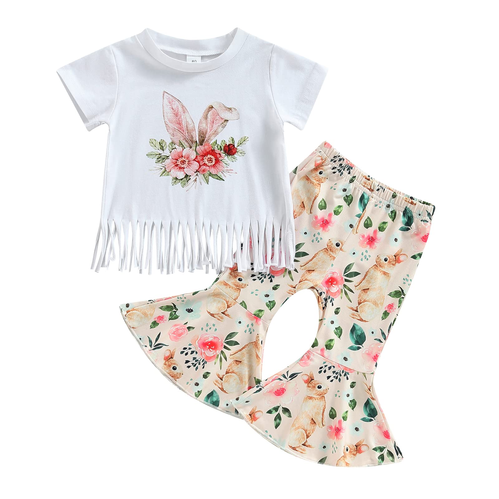 Toddler Baby Girl Easter Outfit Bunny Rabbit Short Sleeve T-Shirt Tops Bell-Bottom Flared Pants Sets Clothes (Bunny Tassels Pant Set,18-24 Months)