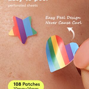 LitBear Acne Patch Pimple Patch, Rainbow Star & Heart Shaped Acne Absorbing Cover Patch, Hydrocolloid Acne Patches For Face Zit Patch Acne Dots, Tea Tree Oil + Centella, 108 Patches, 14mm & 10mm