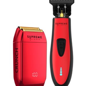 Supreme Trimmer 2-in-1 DLC T-Shaper Trimmer & Crunch Foil Shaver | STF602 Electric Razor & ST5215 Beard Trimmer Barber Haircut Kit | Red