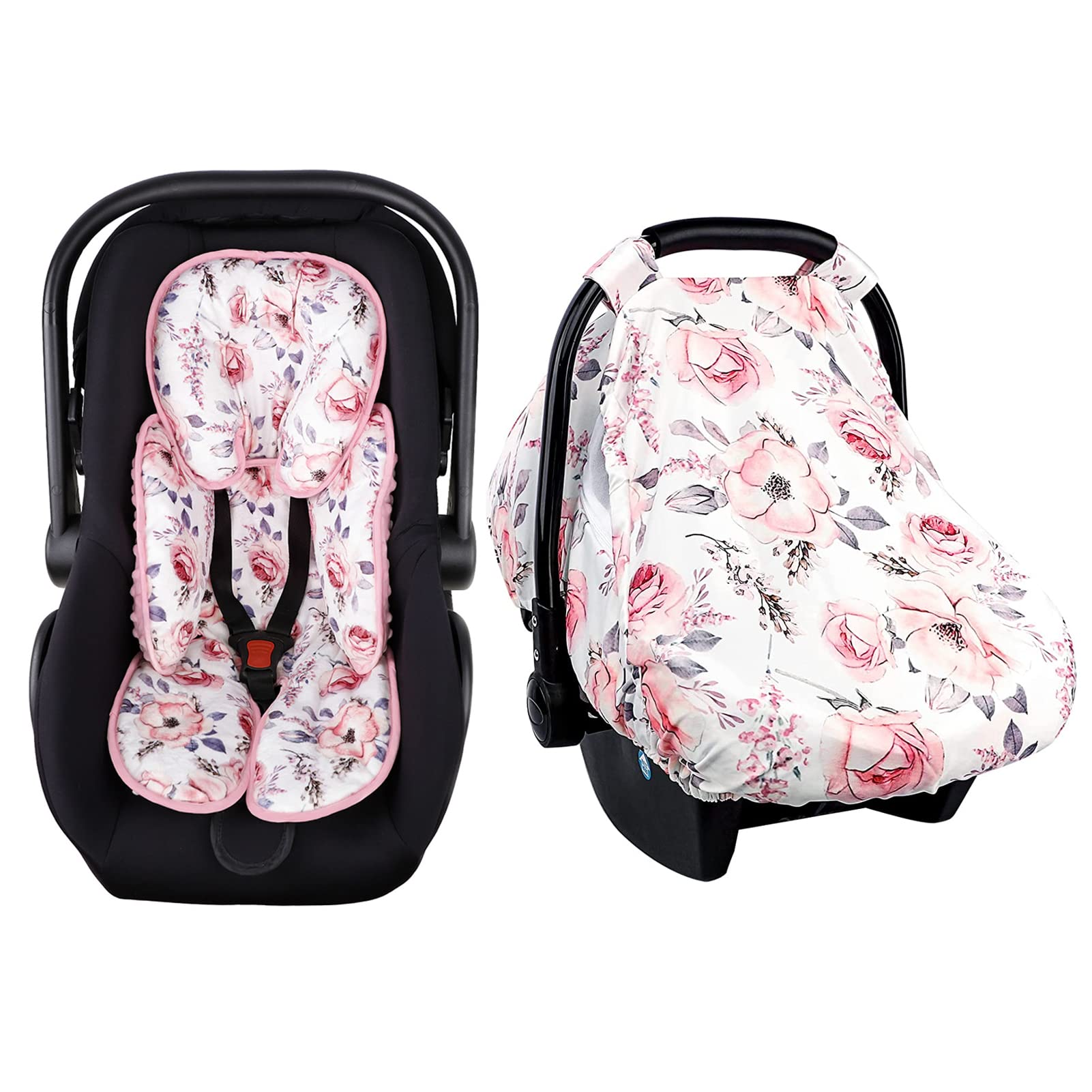 Baby Carseat Head & Body Support, Carseat Cover Girls, Infant Headrest Cushion, Newborn Car Seat Canopy, Pink Floral