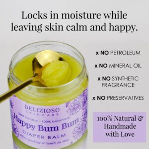 Happy Bum Bum Diaper Baby Balm - 100% Natural - Calendula, Chamomile, Lavender Herbal Infused Moisturizer for Eczema, Dry Skin - Cruelty Free, Salve, With Organics, Handmade, Delizioso Skincare - 2 oz / 60 g