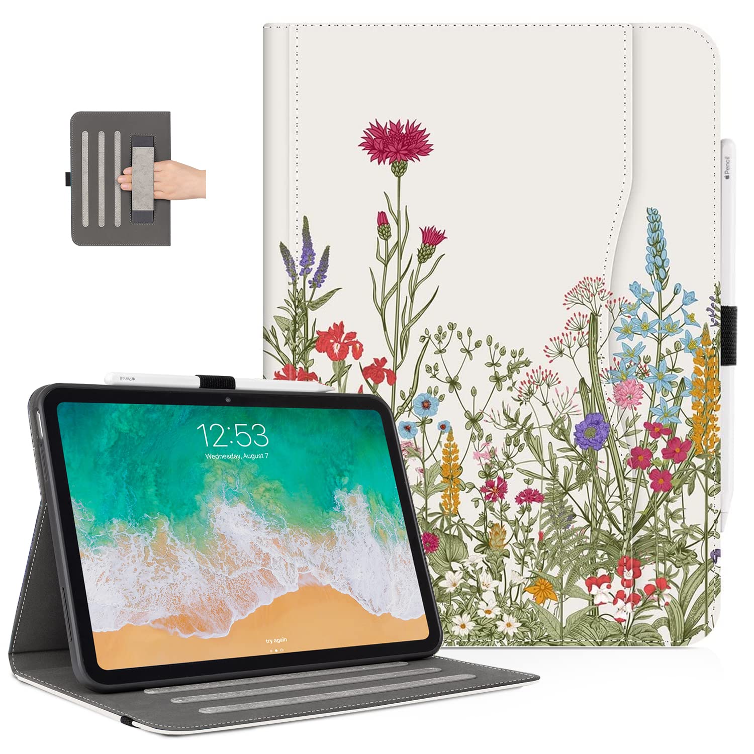 Case for iPad 10th Generation Case, for iPad Case 10th Generation Women Girls Shockproof Case with Pencil Holder, Multi-Angle Adjustable Stand View with Pocket/Hand Strap/Auto Wake Sleep, Flowers