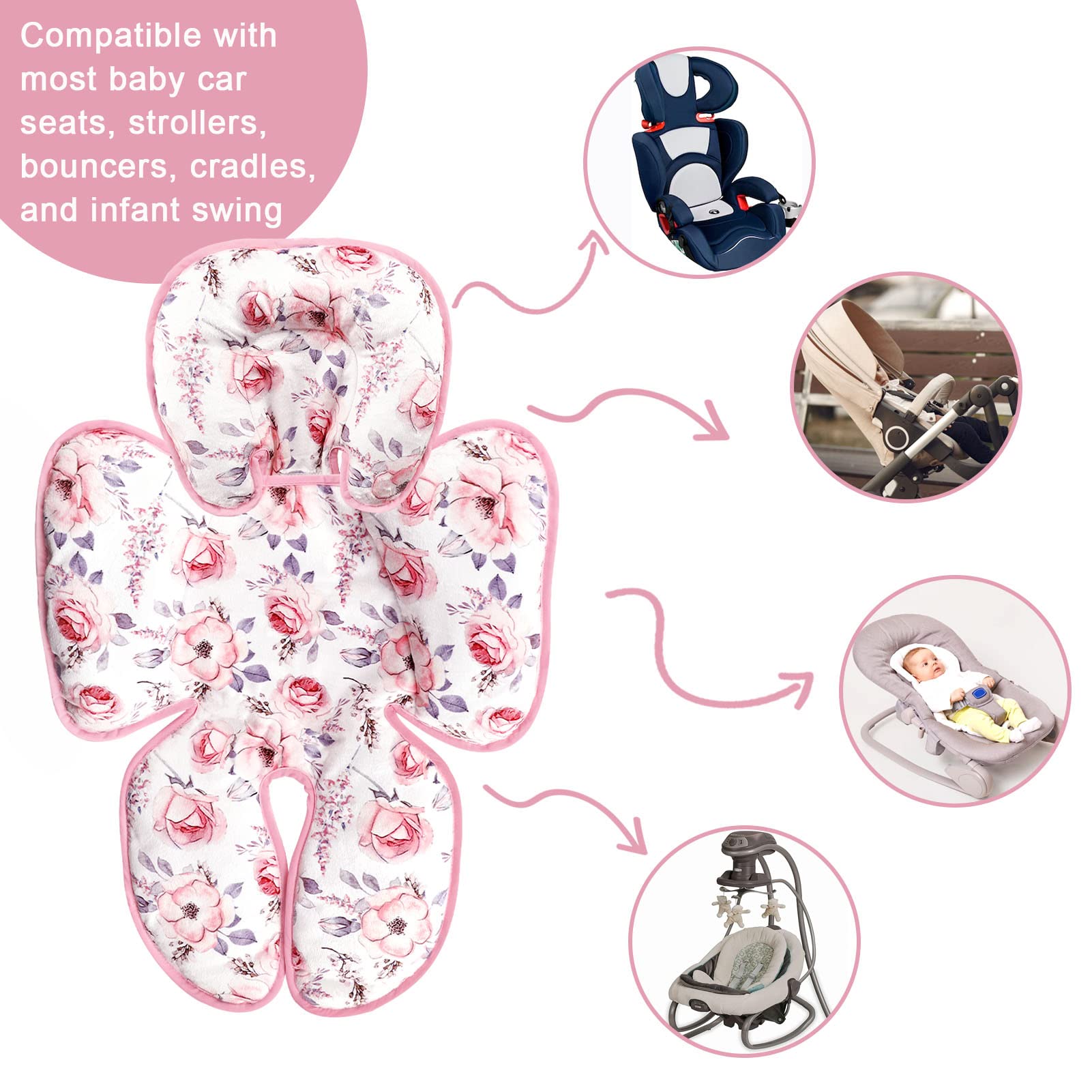 Baby Carseat Head & Body Support, Car Seat Covers for Babies, Winter Carseat Cover Girls, Pink Floral