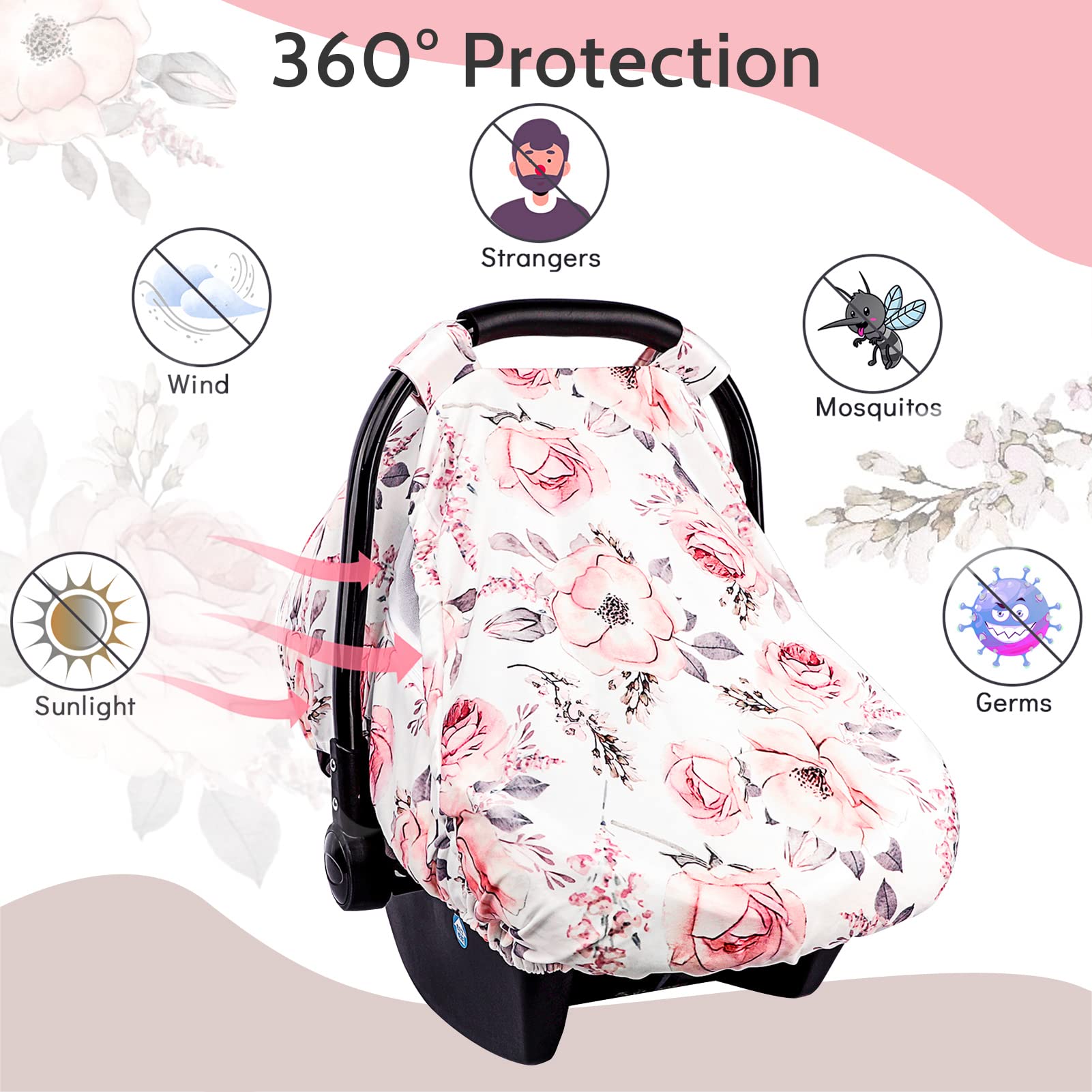 Baby Carseat Head & Body Support, Carseat Cover Girls, Infant Headrest Cushion, Newborn Car Seat Canopy, Pink Floral