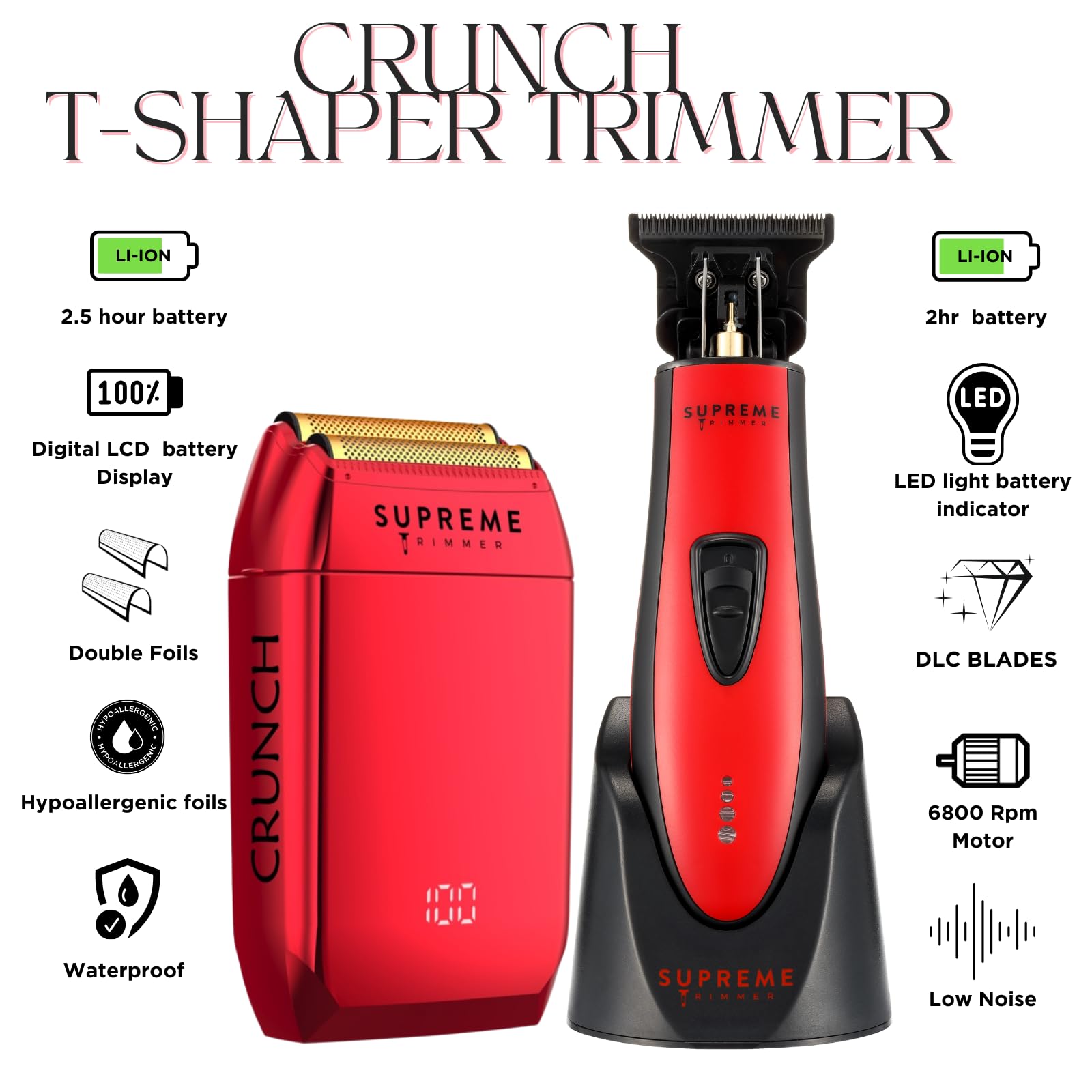 Supreme Trimmer 2-in-1 DLC T-Shaper Trimmer & Crunch Foil Shaver | STF602 Electric Razor & ST5215 Beard Trimmer Barber Haircut Kit | Red